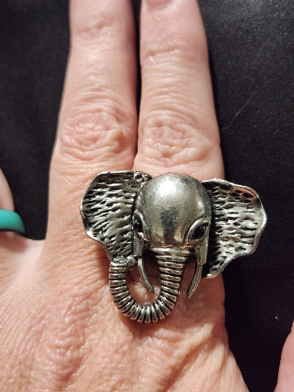 Vintage Silver Tone Elephant Statement Stretch Ring Trunk Up Lucky Charm